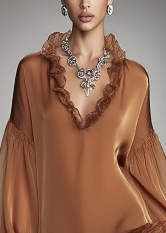 French Brown Ruffles Patchwork Chiffon Mid Dress Spring - Omychic