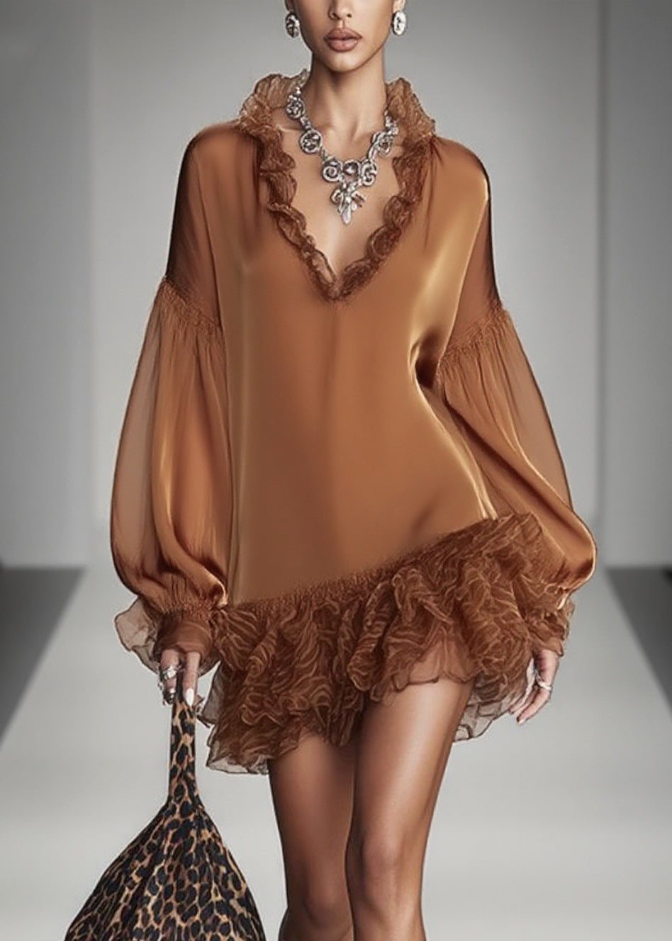 French Brown Ruffles Patchwork Chiffon Mid Dress Spring - Omychic