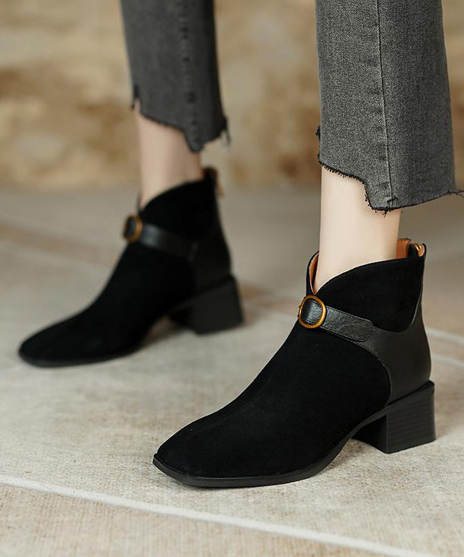 French Brown Splicing Chunky Suede Boots