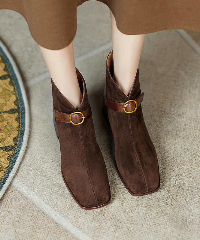 French Brown Splicing Chunky Suede Boots