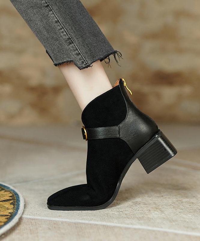 French Brown Splicing Chunky Suede Boots