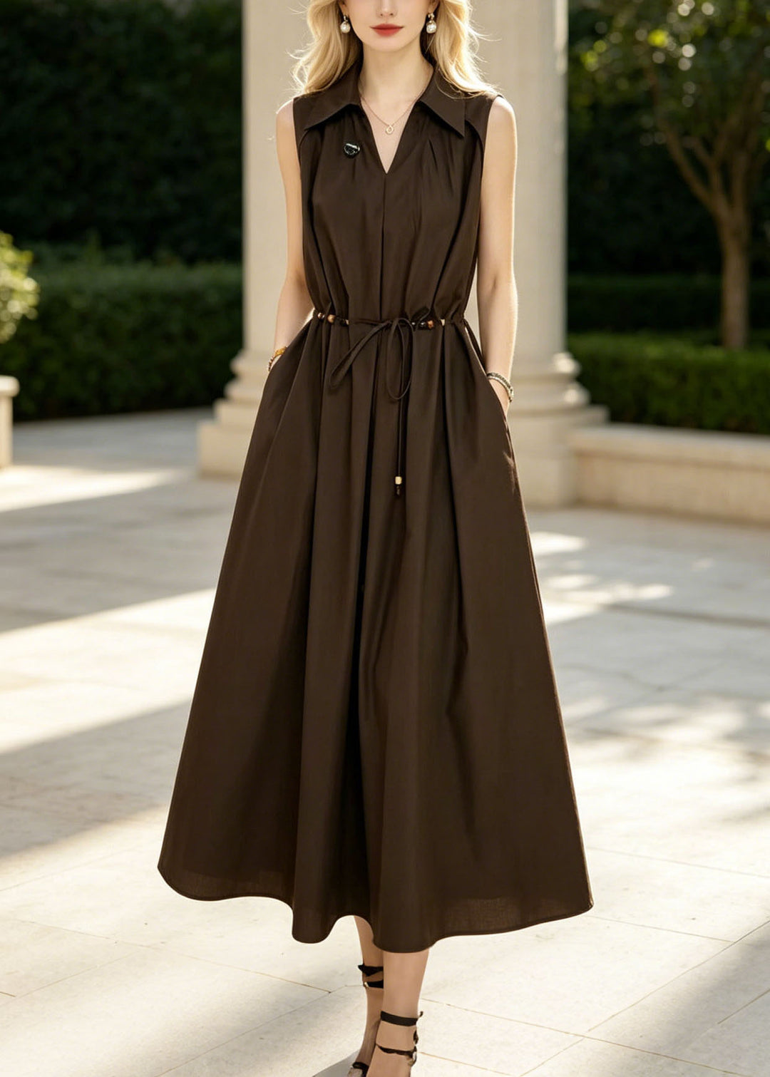French Brown Tie Waist Exra Large Hem Cotton Long Dresses Sleeveless