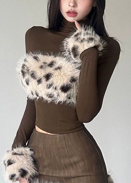 French Brown Turtle Neck Patchwork Leopard Cotton Top Fall