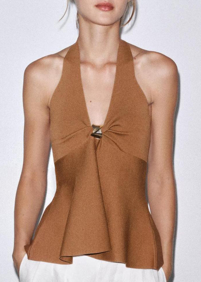 French Brown V Neck Backless Solid Cotton Top Sleeveless