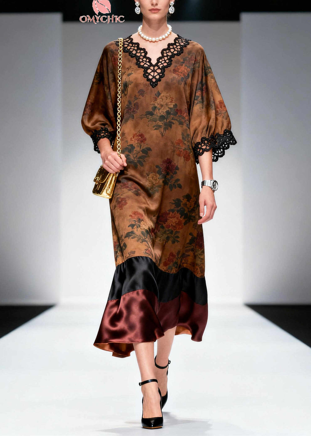 French Brown V Neck Patchwork Print Silk Robe Dresses Summer