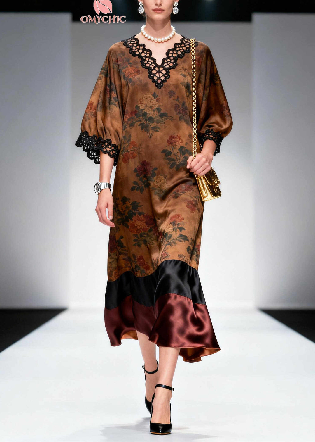 French Brown V Neck Patchwork Print Silk Robe Dresses Summer