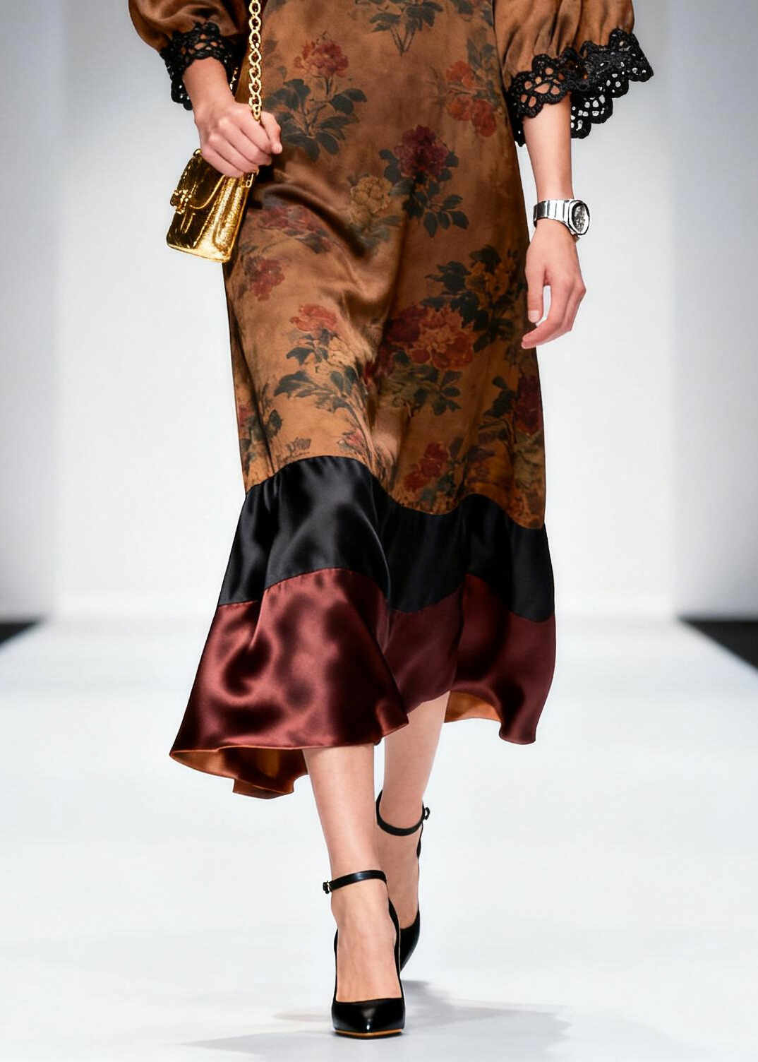French Brown V Neck Patchwork Print Silk Robe Dresses Summer