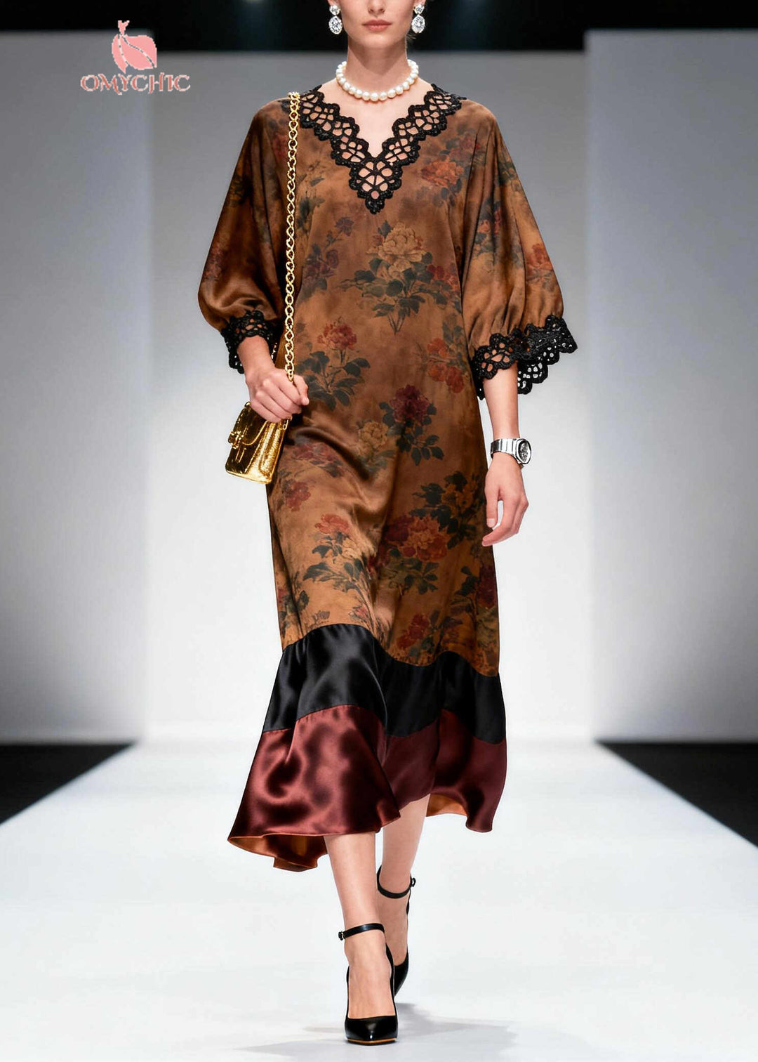 French Brown V Neck Patchwork Print Silk Robe Dresses Summer