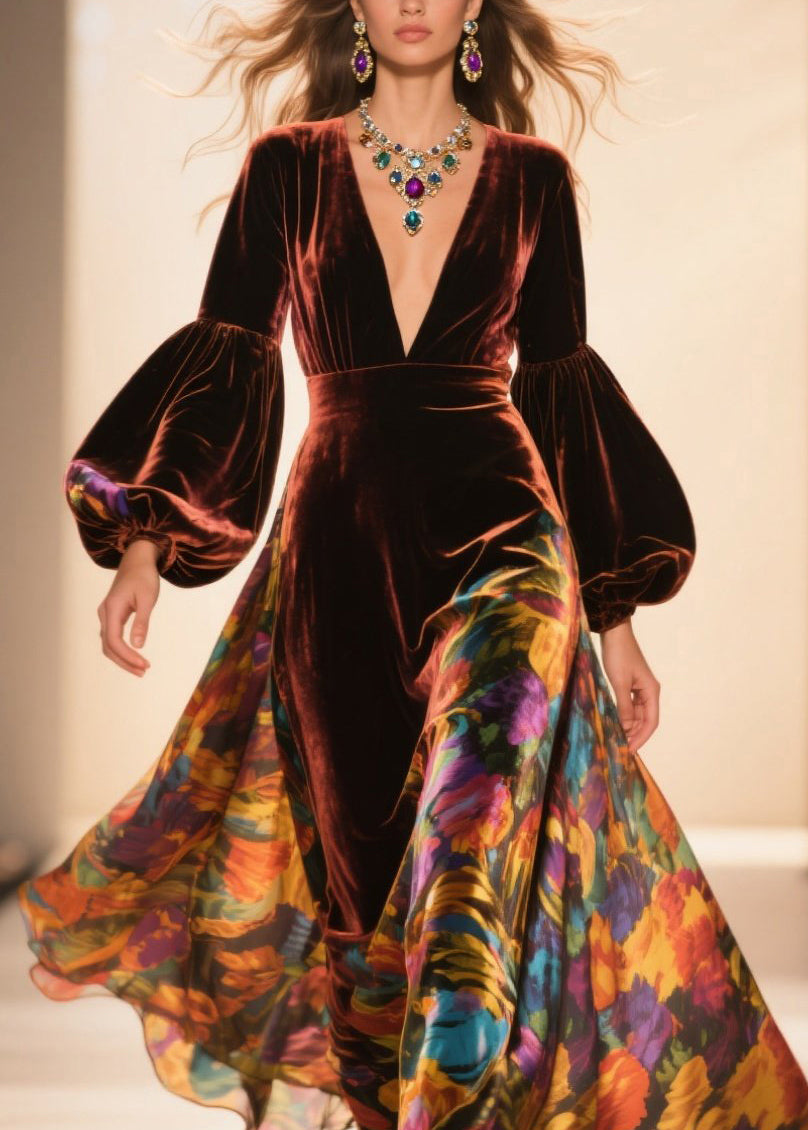 French Brown V Neck Print Velvet Robe Dresses Lantern Sleeve