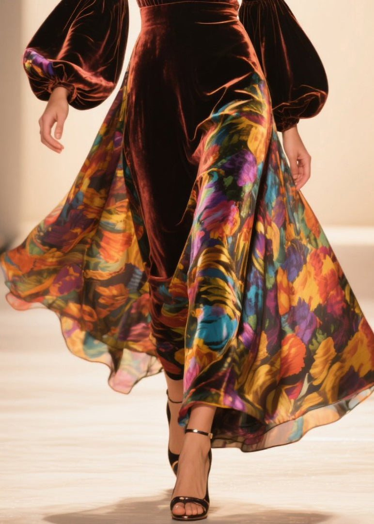 French Brown V Neck Print Velvet Robe Dresses Lantern Sleeve