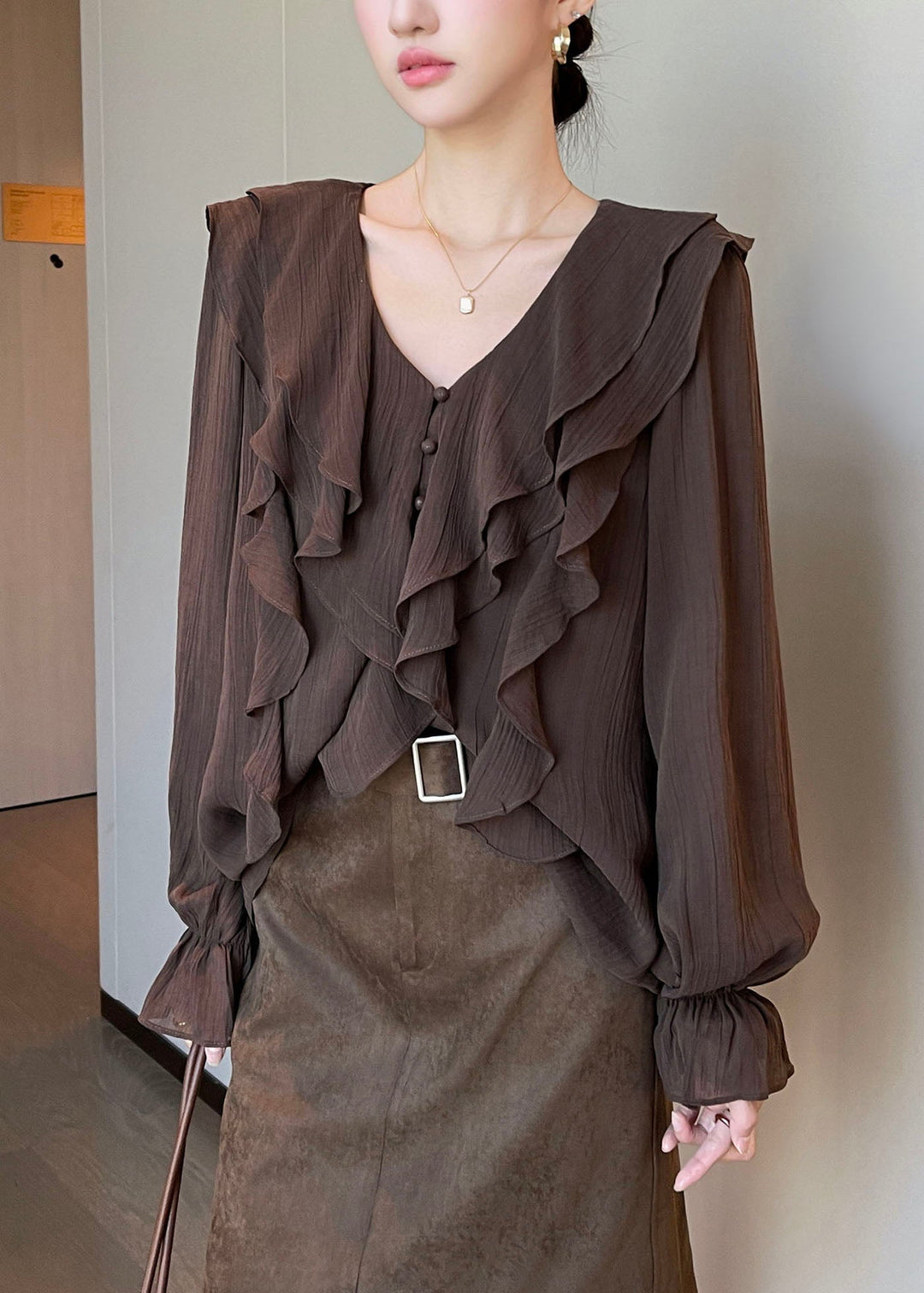 French Brown V Neck Ruffled Patchwork Draping Shirts Flare Sleeve