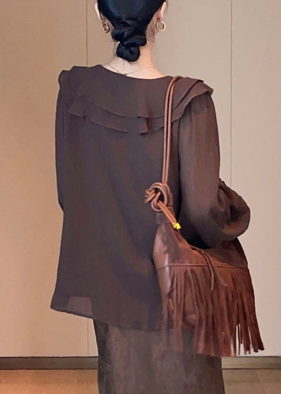 French Brown V Neck Ruffled Patchwork Draping Shirts Flare Sleeve