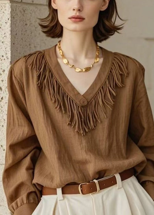French Brown V Neck Tasseled Button Cotton Blouses Fall