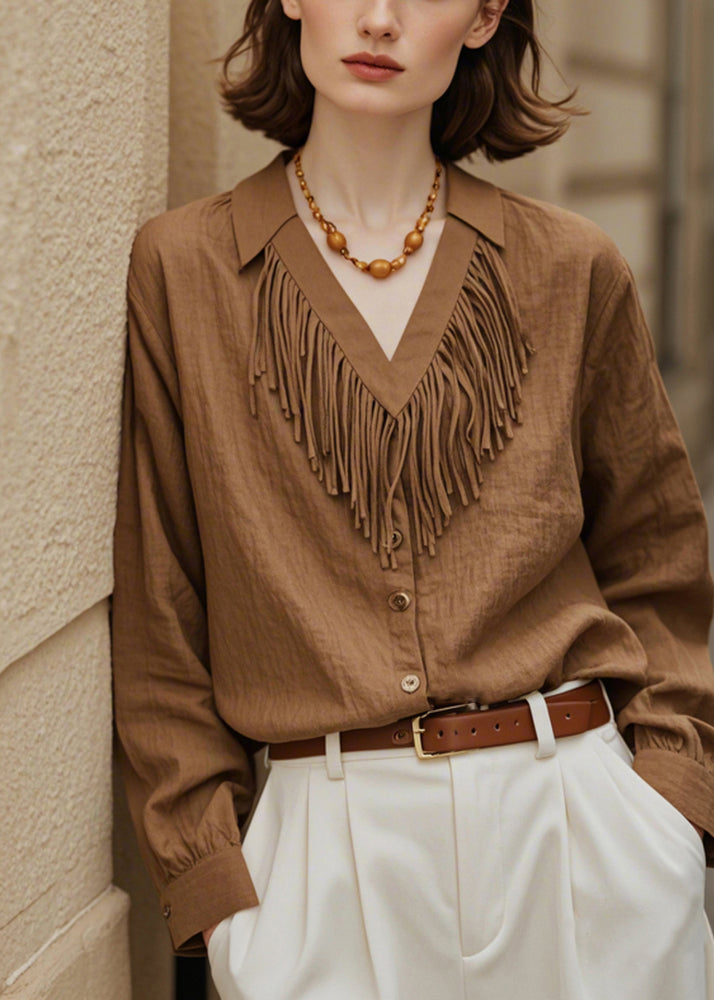 French Brown V Neck Tasseled Button Cotton Blouses Fall