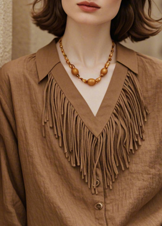 French Brown V Neck Tasseled Button Cotton Blouses Fall