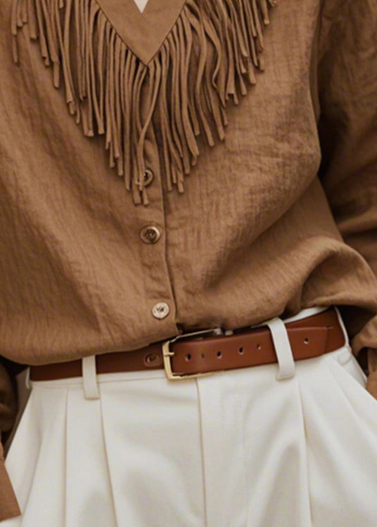 French Brown V Neck Tasseled Button Cotton Blouses Fall