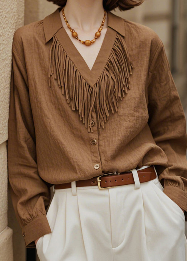 French Brown V Neck Tasseled Button Cotton Blouses Fall