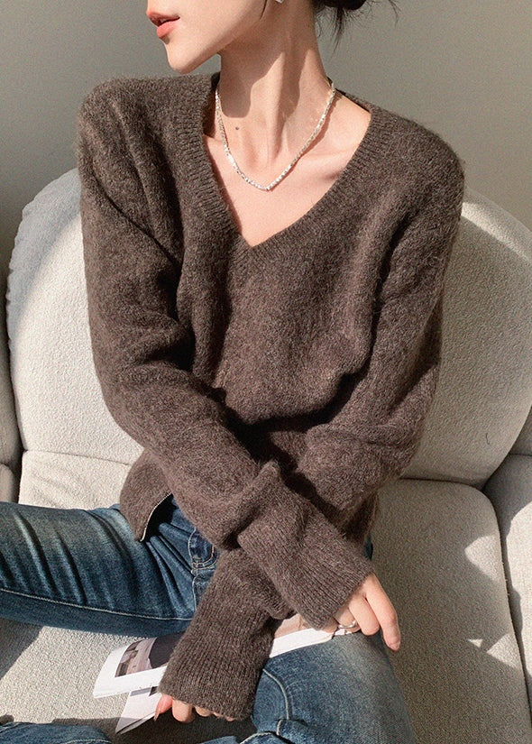 French Brown V Neck Zip Up Knit Sweaters Spring