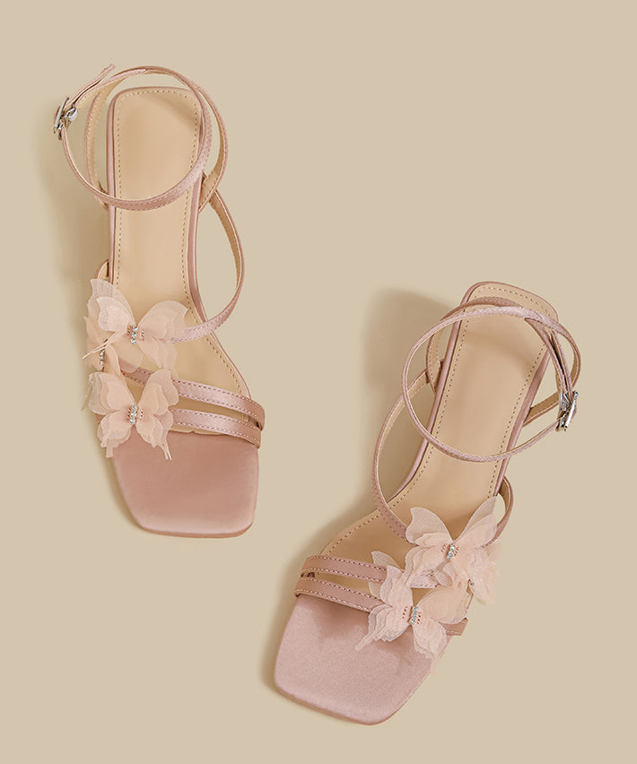 French Butterfly Splicing Chunky Sandals Black Faux Leather