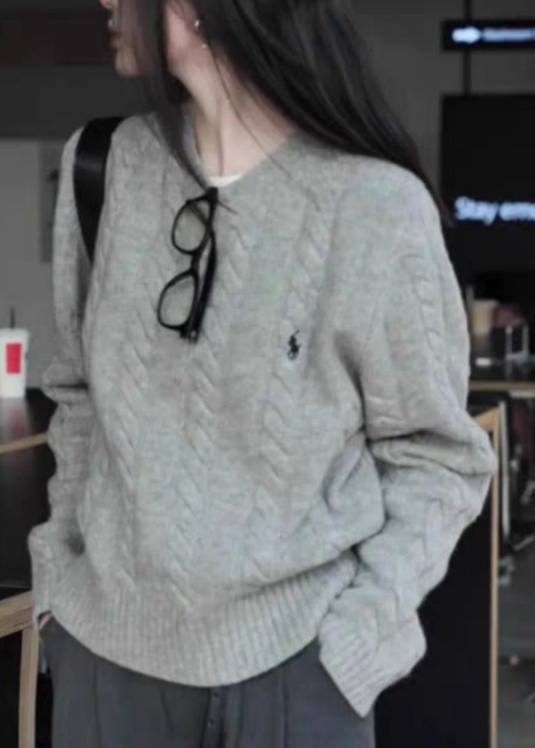 French Camel O Neck Embroidered Knit Sweaters Tops Spring