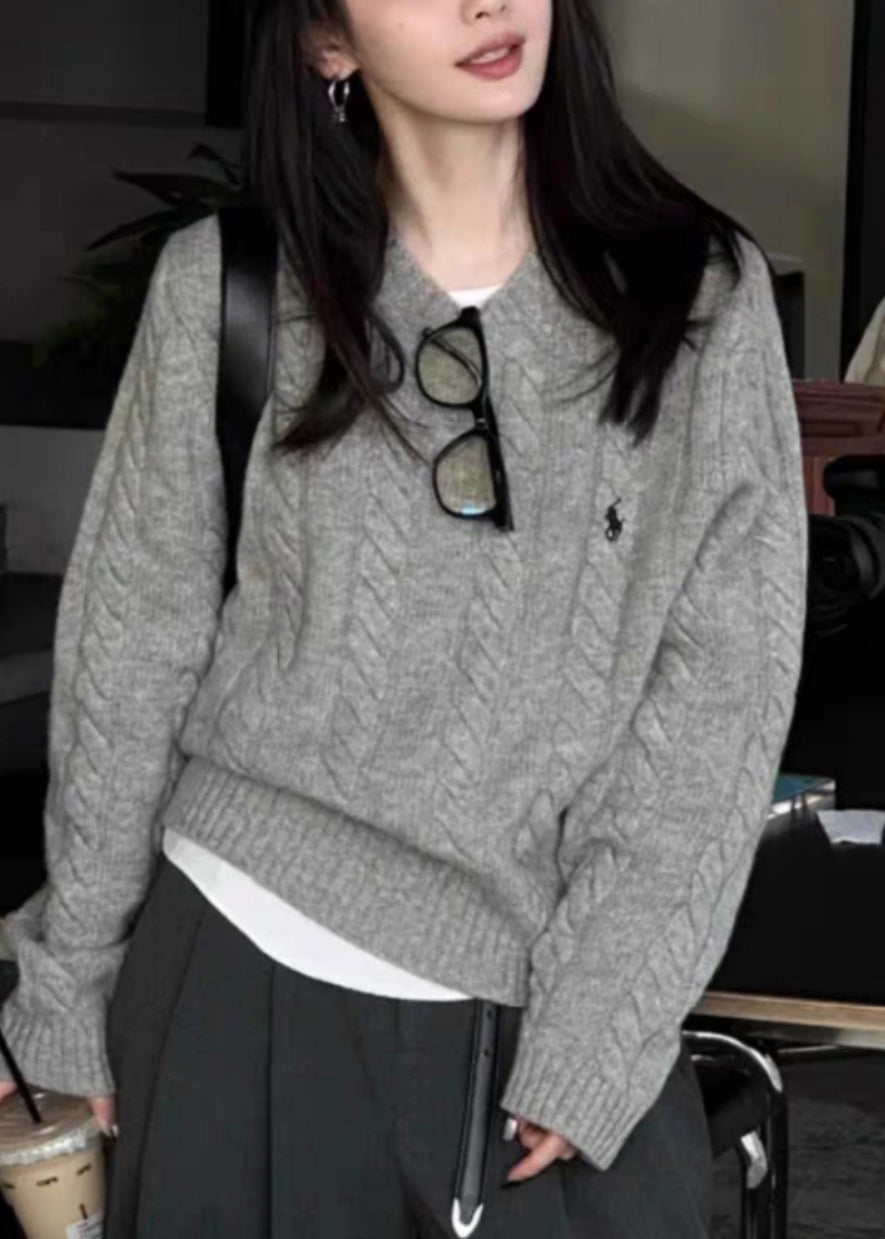 French Camel O Neck Embroidered Knit Sweaters Tops Spring