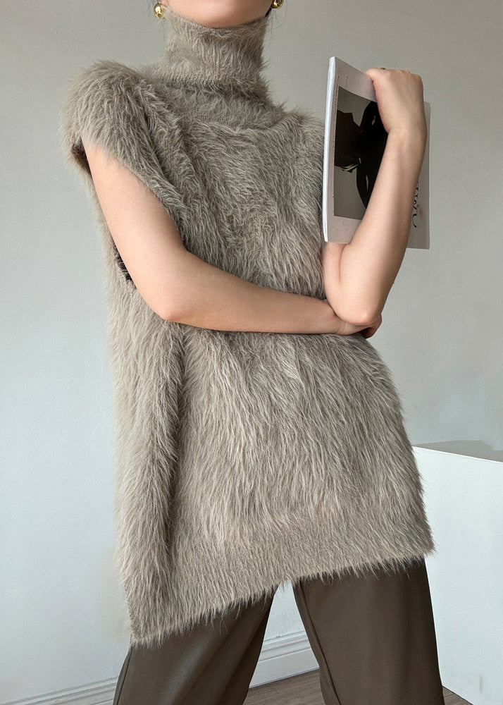 French Camel Turtleneck Faux Mink Hair Knitted Mid-Iength Waistcoat Sleeveless