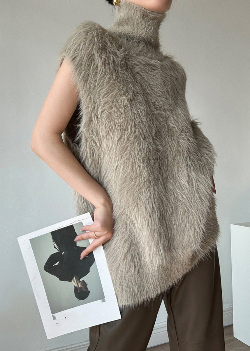 French Camel Turtleneck Faux Mink Hair Knitted Mid-Iength Waistcoat Sleeveless