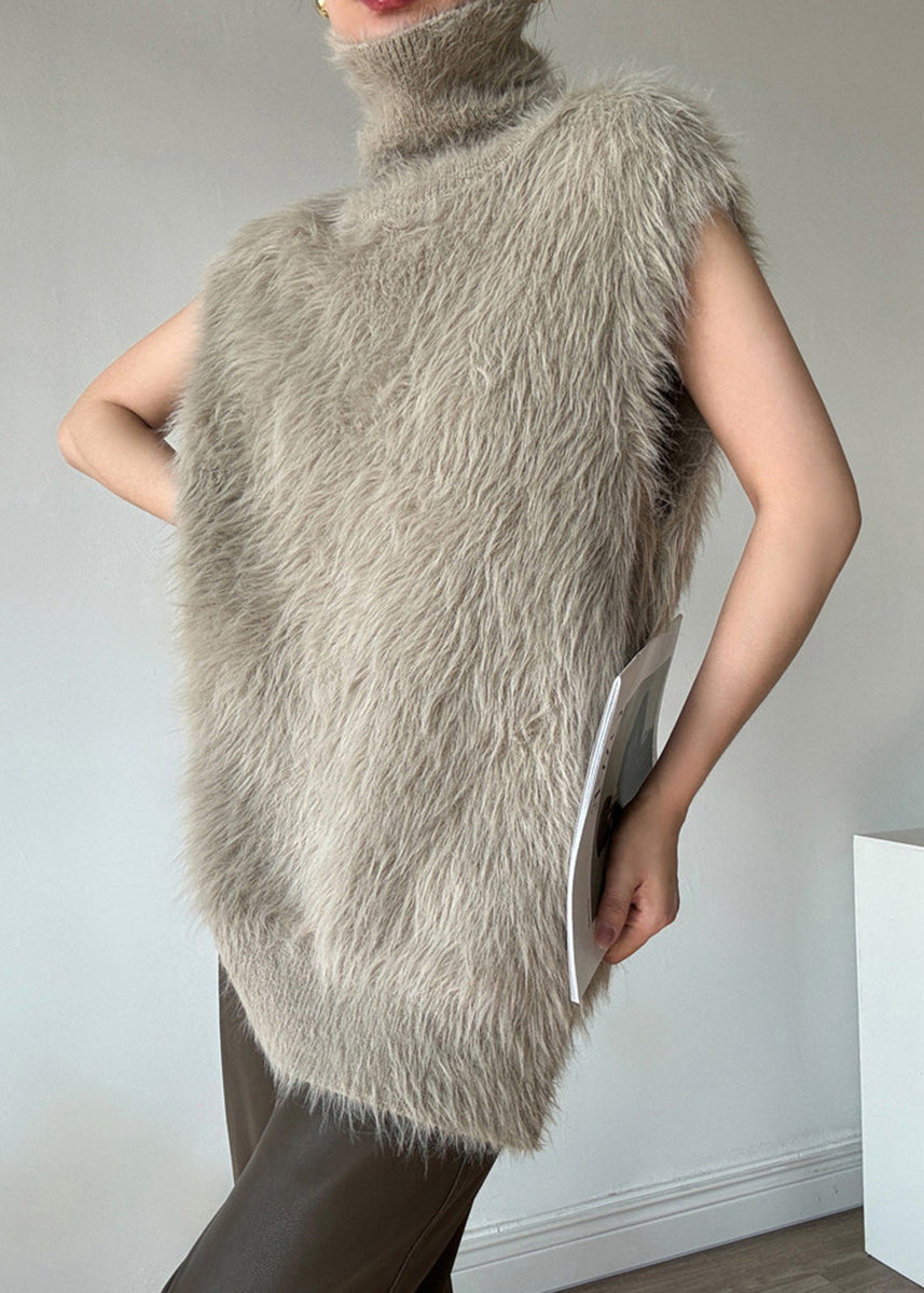 French Camel Turtleneck Faux Mink Hair Knitted Mid-Iength Waistcoat Sleeveless