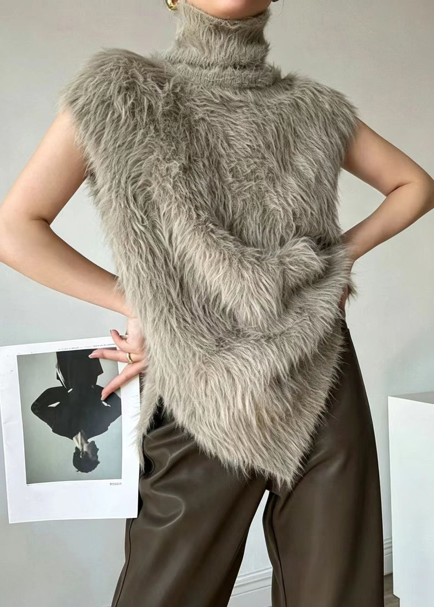French Camel Turtleneck Faux Mink Hair Knitted Mid-Iength Waistcoat Sleeveless