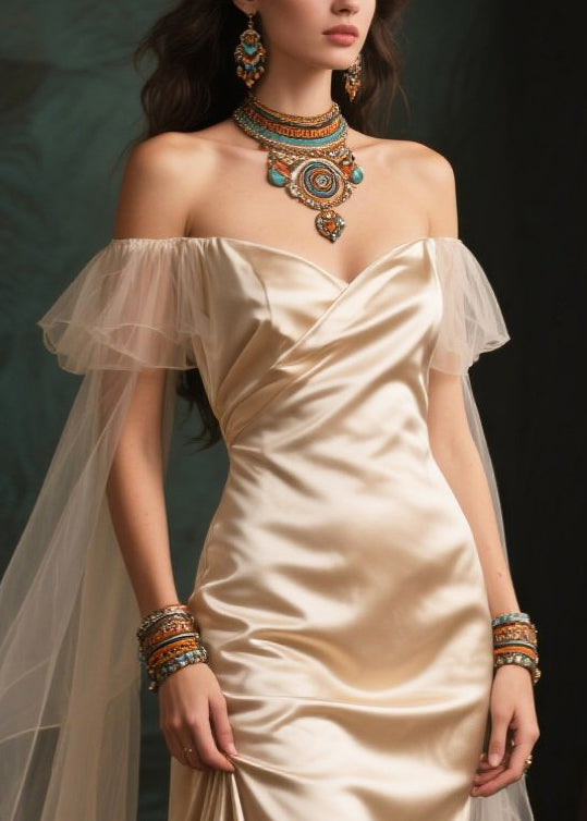 French Champagne Cold Shoulder Patchwork Silk Strapless Dress Summer