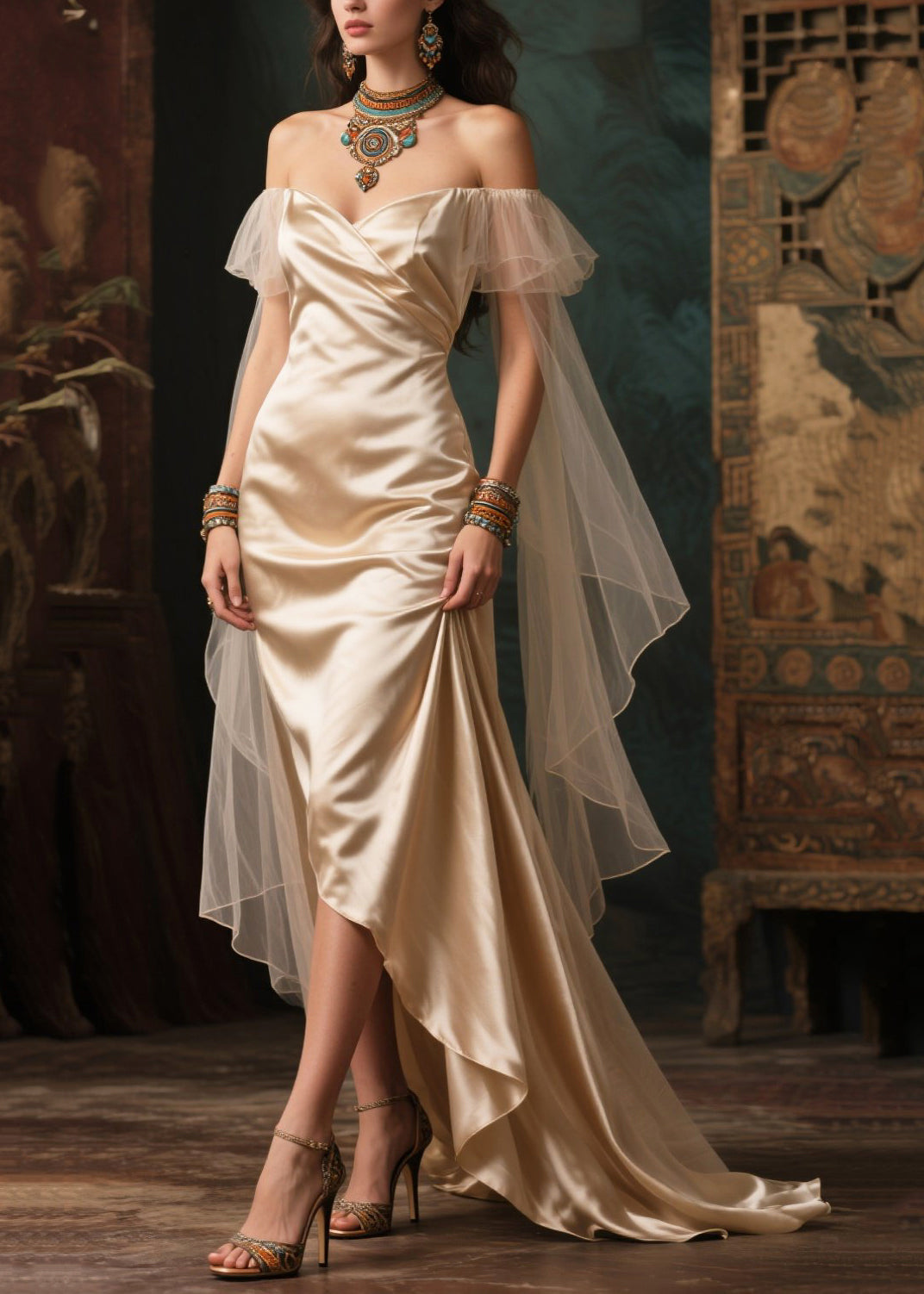 French Champagne Cold Shoulder Patchwork Silk Strapless Dress Summer