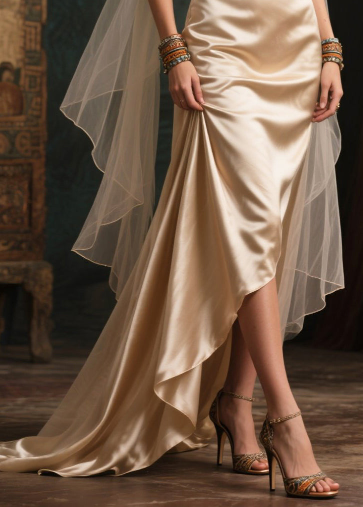 French Champagne Cold Shoulder Patchwork Silk Strapless Dress Summer