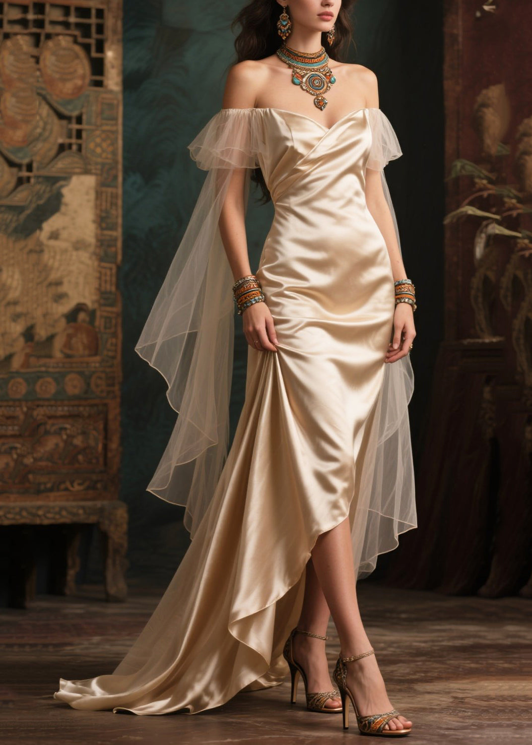 French Champagne Cold Shoulder Patchwork Silk Strapless Dress Summer