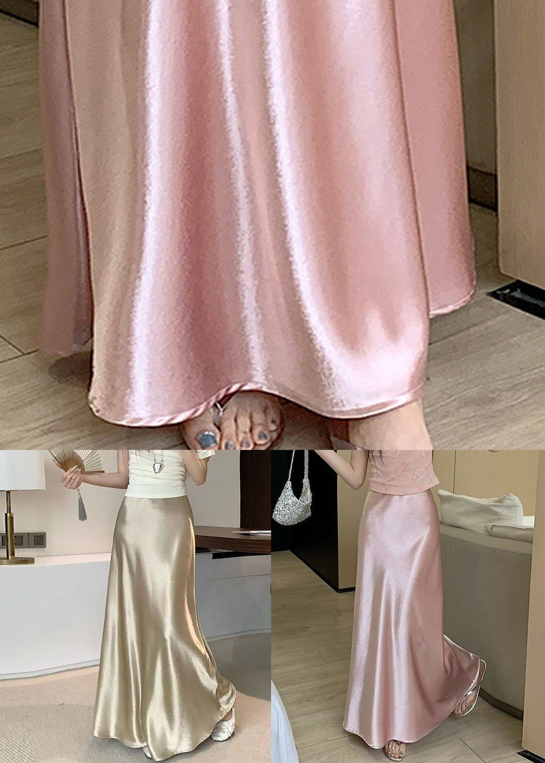 French Champagne Color Solid High Waist Silk Skirt Summer
