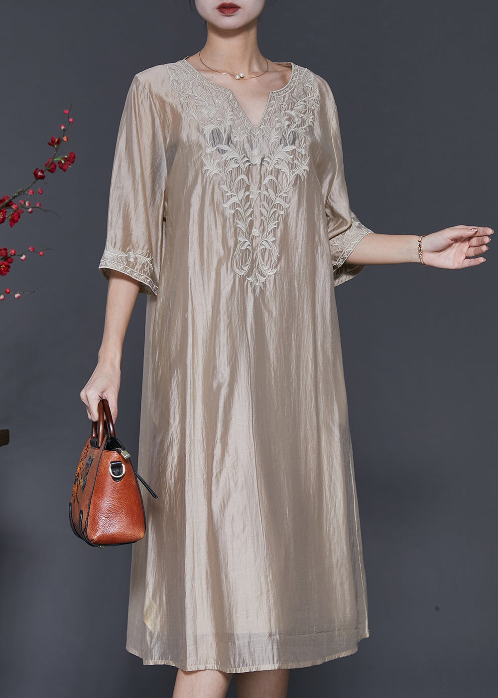 French Champagne Embroidered Linen Silk Dresses Half Sleeve
