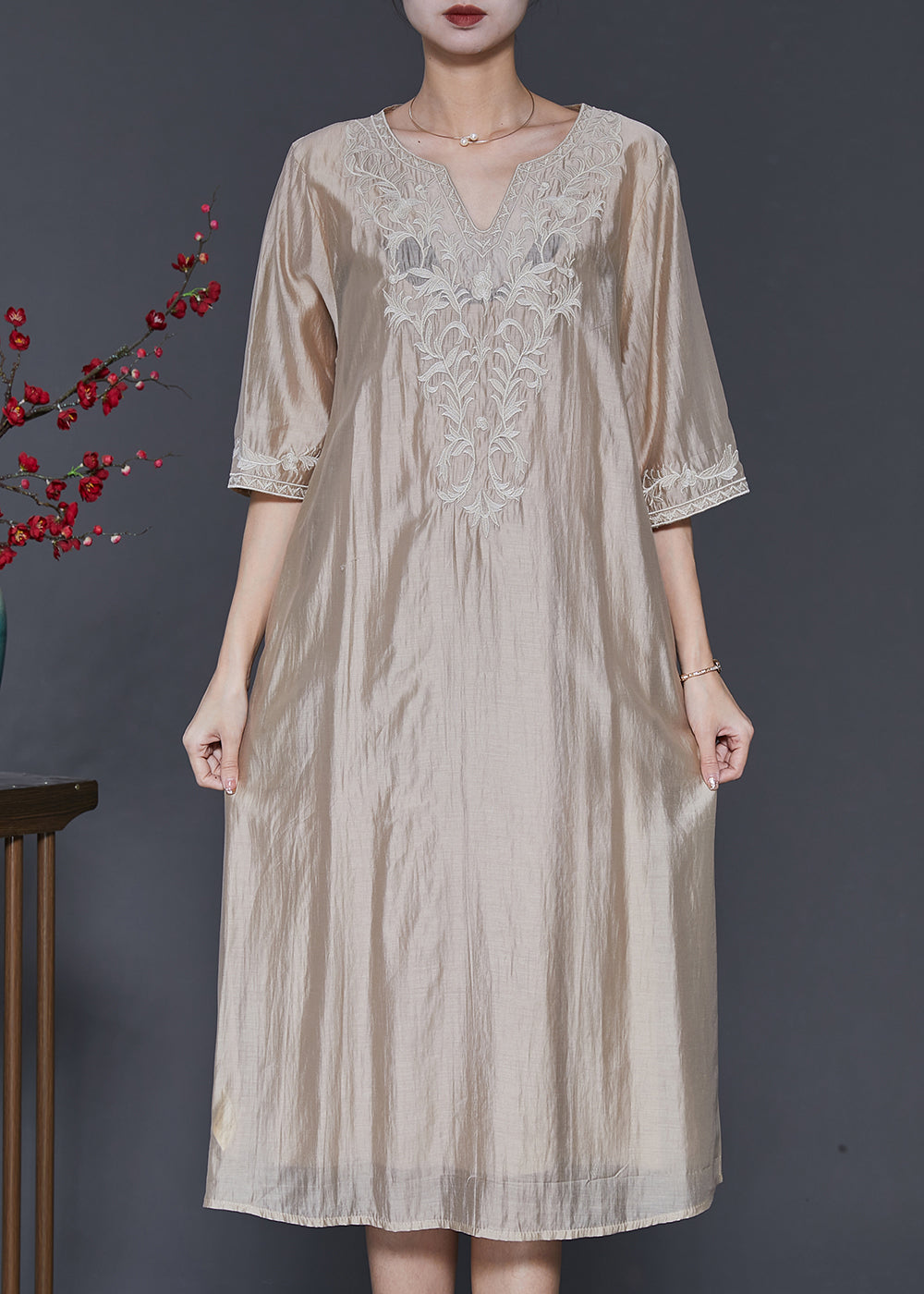 French Champagne Embroidered Linen Silk Dresses Half Sleeve
