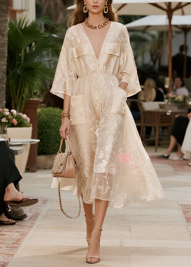 French Champagne Jacquard Pockets Tulle Party Dress Summer