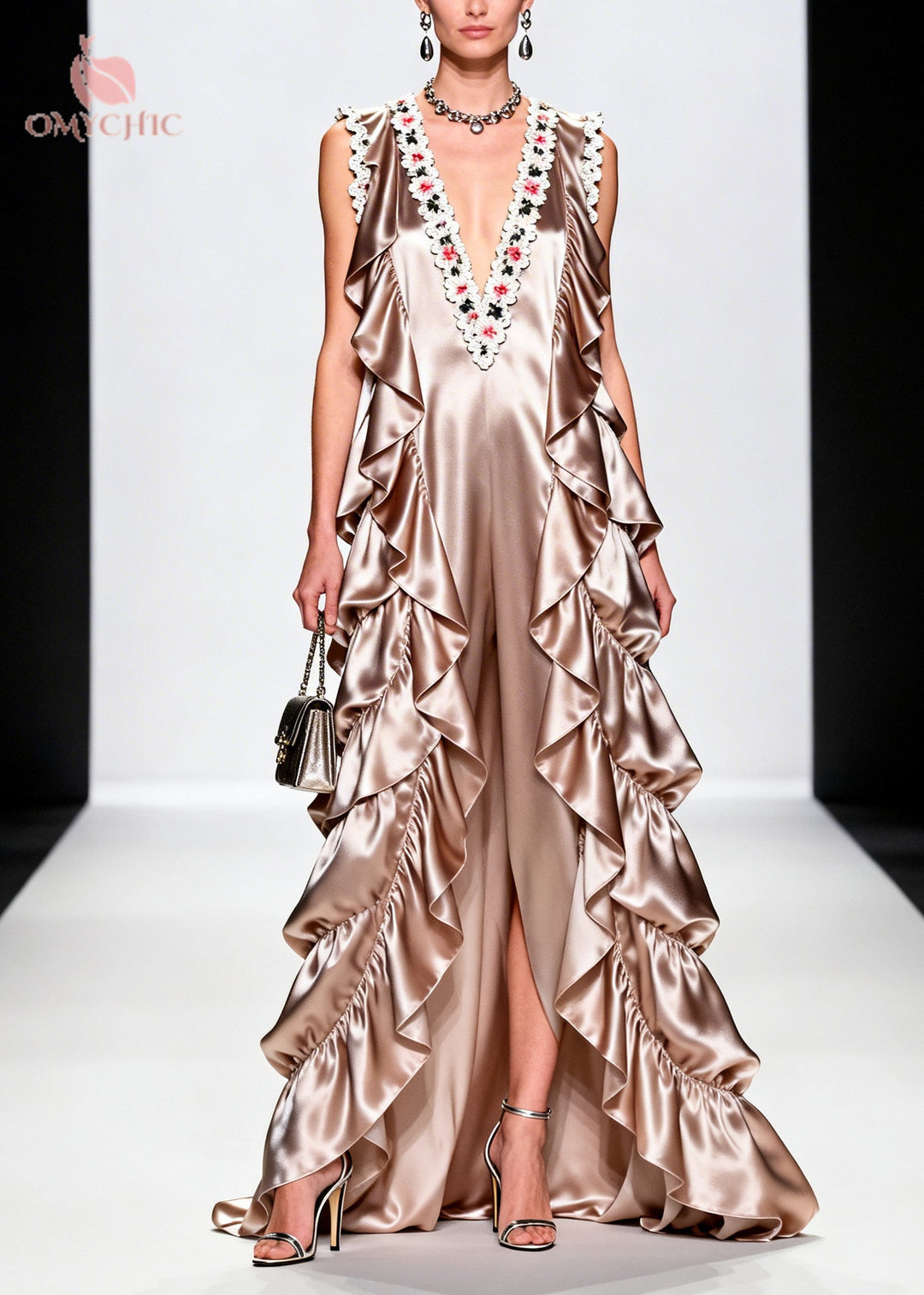 French Champagne Ruffled Floral Silk Vacation Dresses Sleeveless