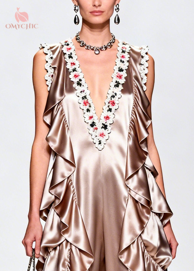 French Champagne Ruffled Floral Silk Vacation Dresses Sleeveless