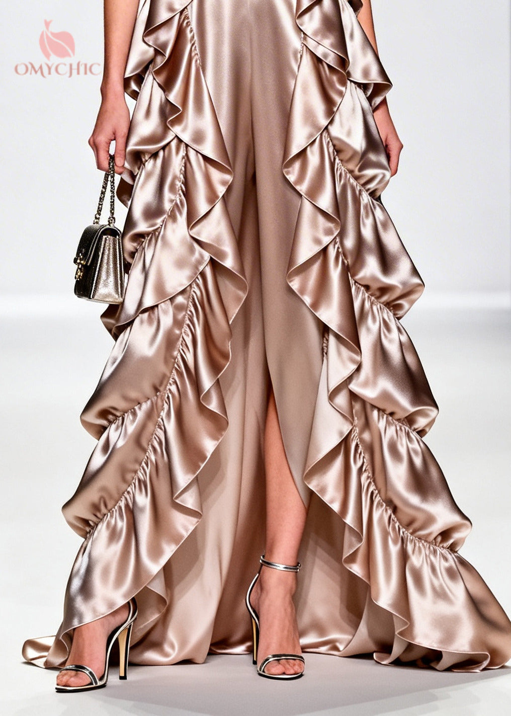 French Champagne Ruffled Floral Silk Vacation Dresses Sleeveless