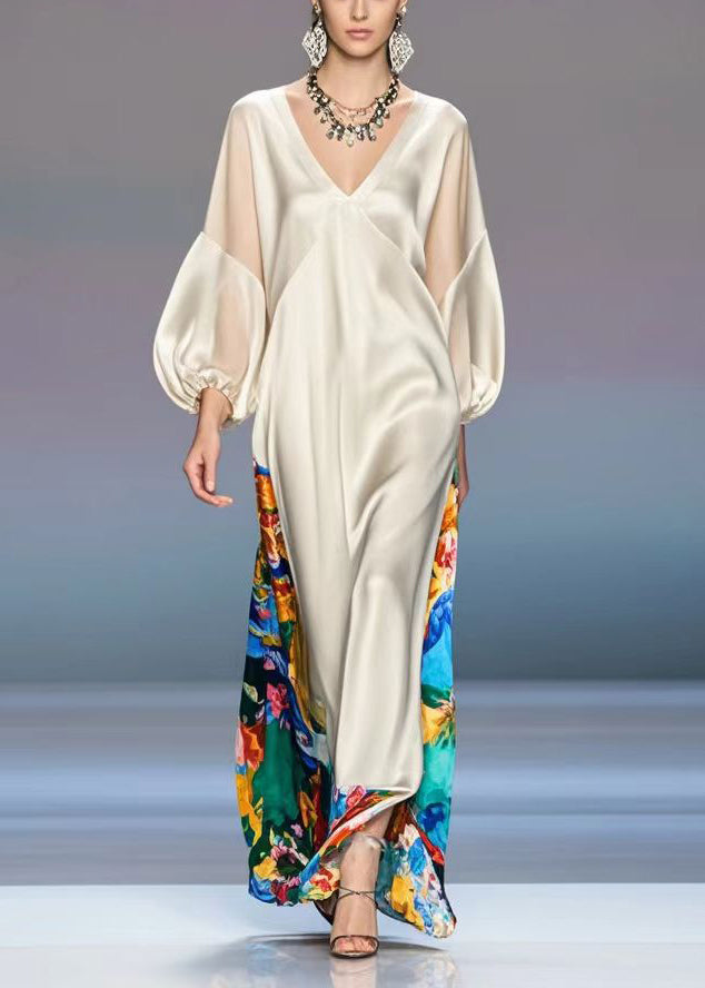 French Champagne V Neck Print Silk Party Dress Lantern Sleeve