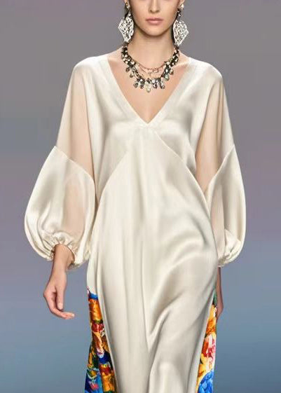 French Champagne V Neck Print Silk Party Dress Lantern Sleeve