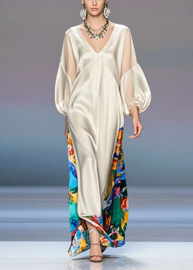 French Champagne V Neck Print Silk Party Dress Lantern Sleeve