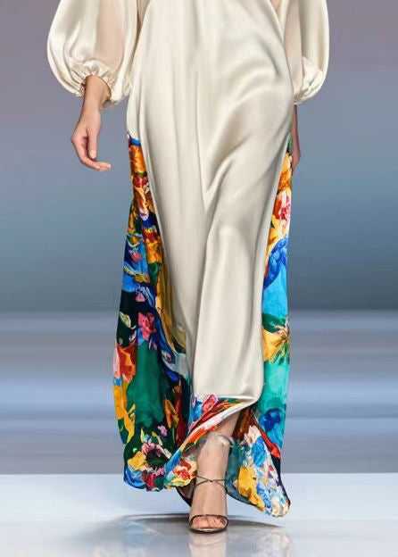 French Champagne V Neck Print Silk Party Dress Lantern Sleeve