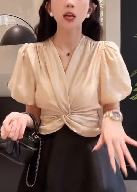 French Champagne V Neck Puff Sleeve Patchwork Silk Top