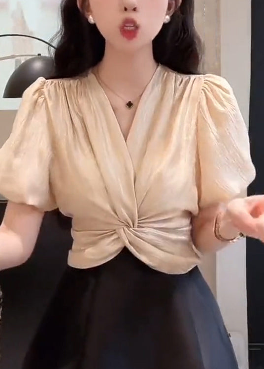 French Champagne V Neck Puff Sleeve Patchwork Silk Top
