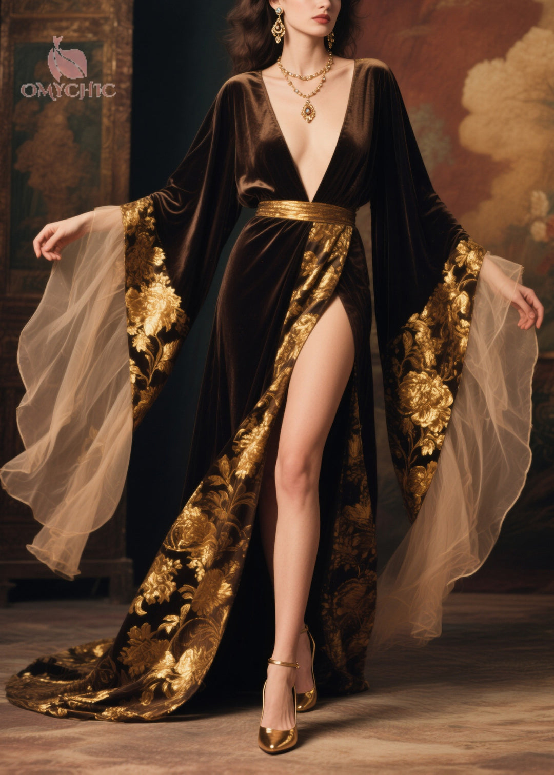 French Chocolate Exra Large Hem Patchwork Side Open Silk Velour Party Dress