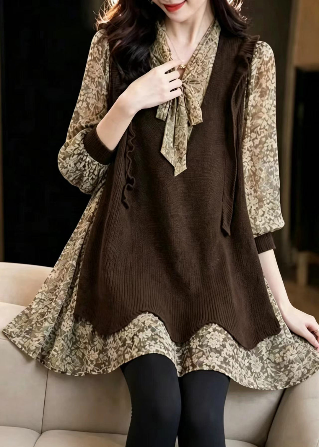 French Chocolate Lace Up Bow Print Patchwork Chiffon Blouses Fall