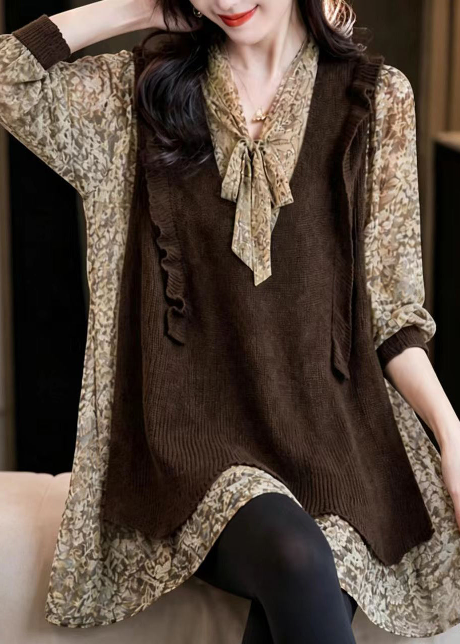 French Chocolate Lace Up Bow Print Patchwork Chiffon Blouses Fall