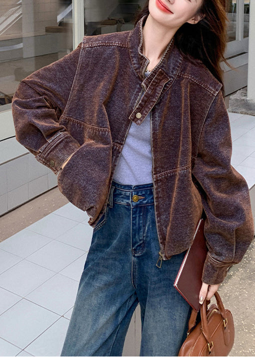 French Chocolate Stand Collar Oversized Denim Coat Spring